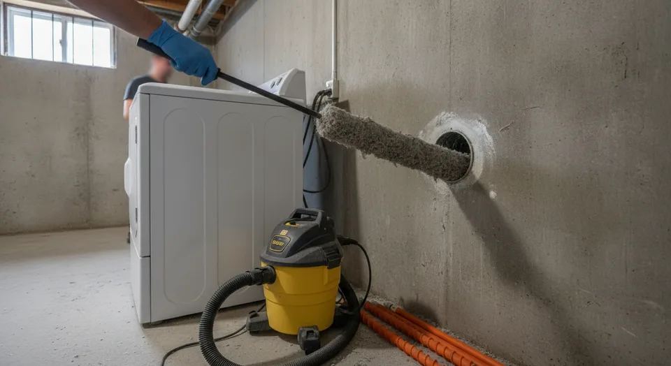 Technician's hands holding a lint-caked rotary brush pulled from a dryer exhaust vent in a Kitchener basement laundry room, dryer pulled away from the wall